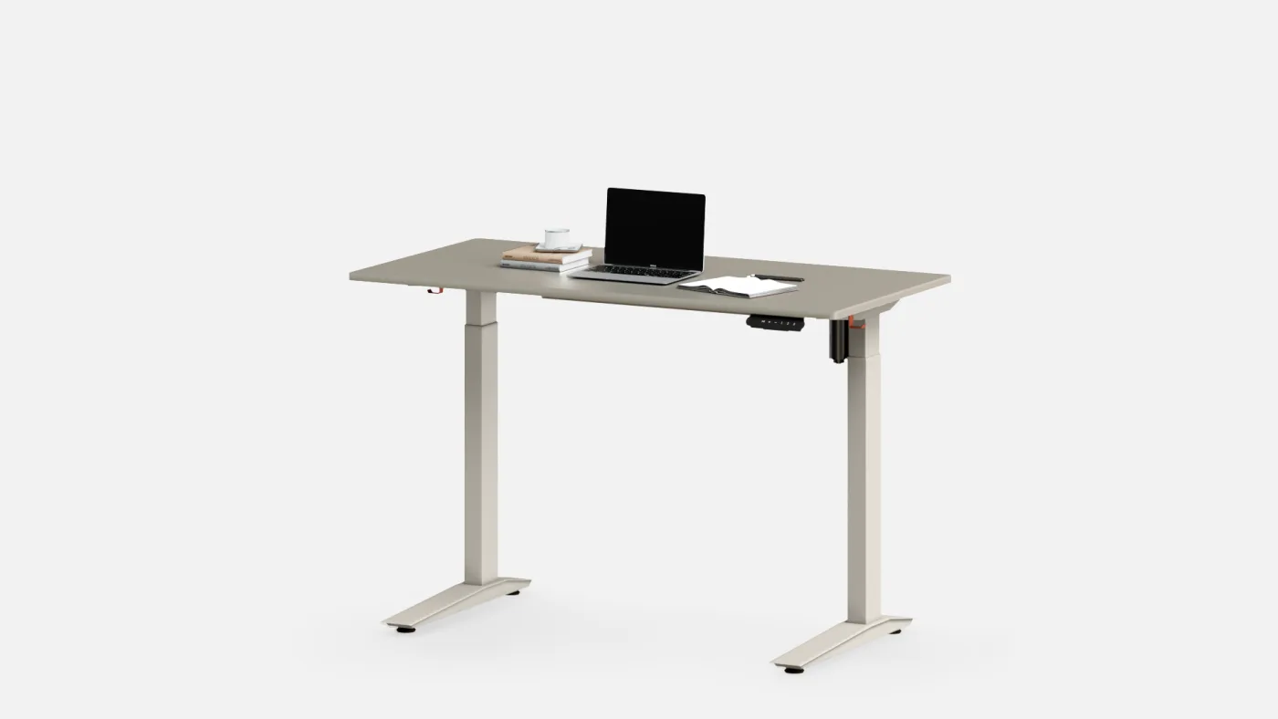 Autonomous product photograph of the Desk Core standing desk in meteor gray