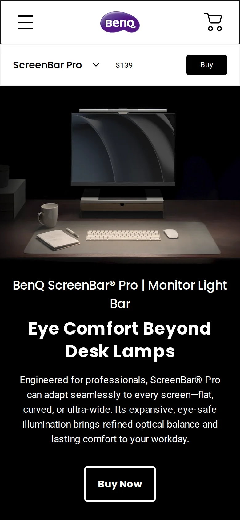 BenQ ScreenBar Pro on BenQ's site, viewed on a phone
