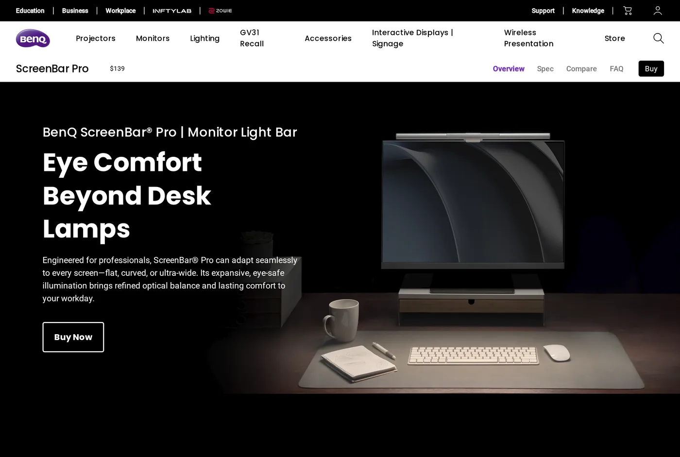 BenQ's own product page for the BenQ ScreenBar Pro