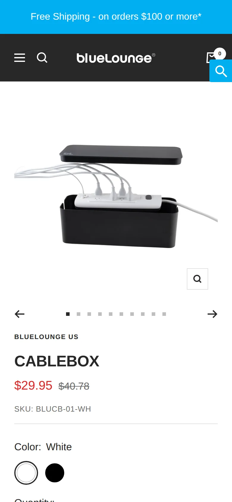 Bluelounge CableBox on Bluelounge's site, viewed on a phone