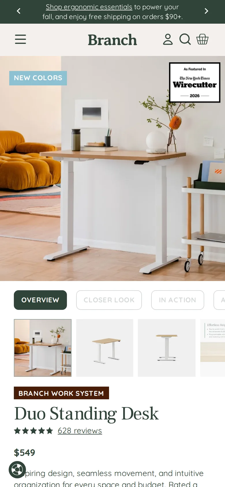 Branch Duo Standing Desk on Branch's site, viewed on a phone