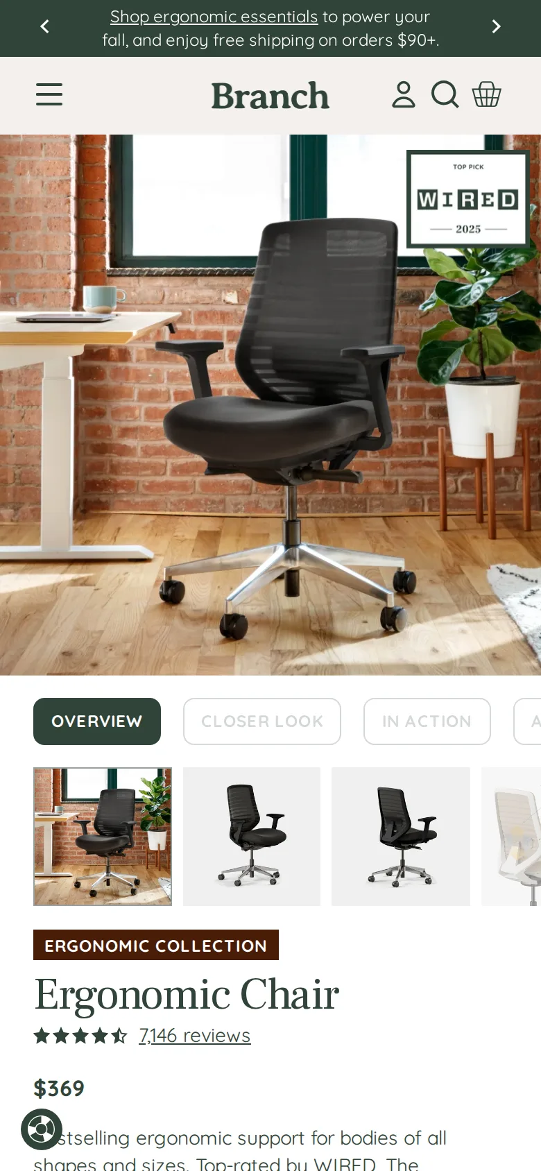 Branch Ergonomic Chair on Branch's site, viewed on a phone