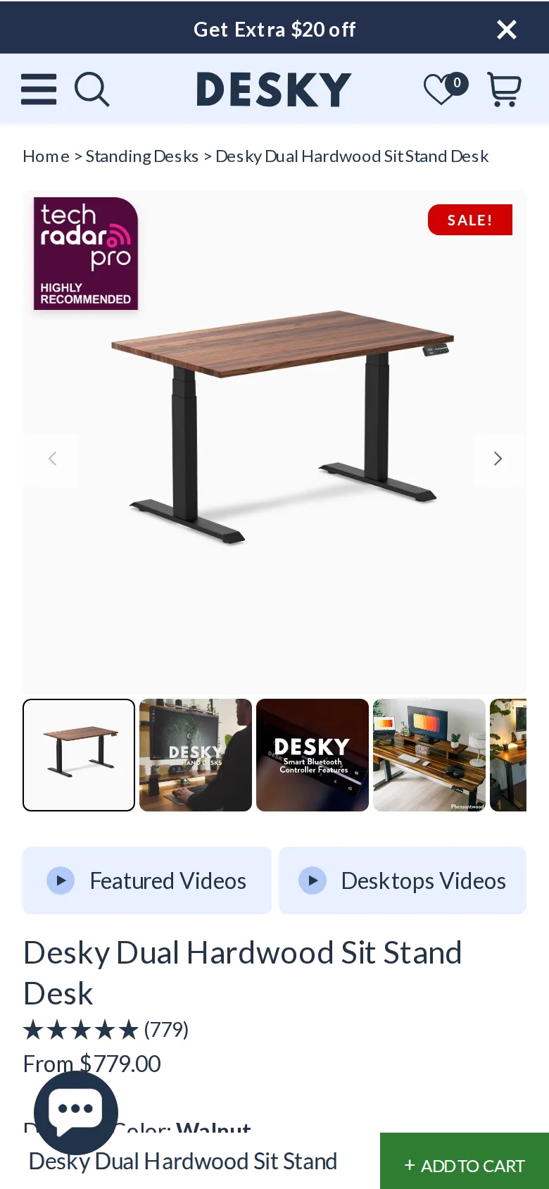 Desky Dual Hardwood Sit Stand Desk on Desky's site, viewed on a phone