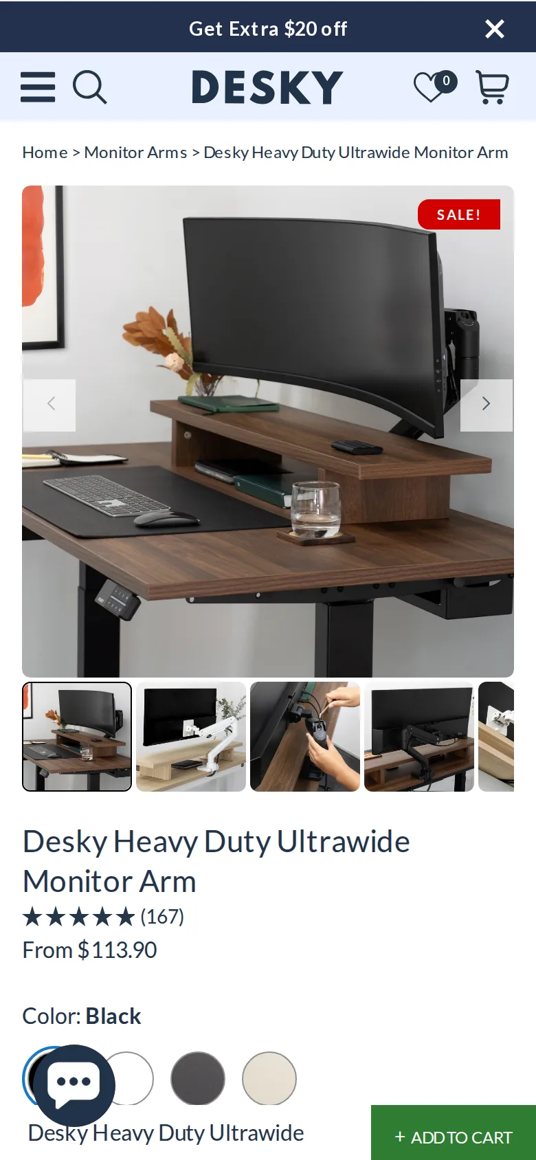 Desky Heavy Duty Ultrawide Monitor Arm on Desky's site, viewed on a phone