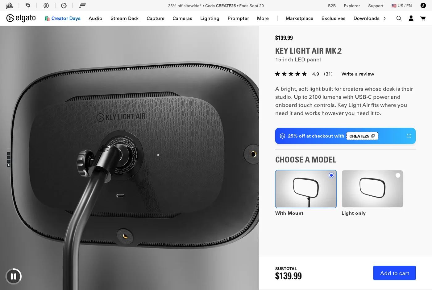 Elgato's own product page for the Elgato Key Light Air