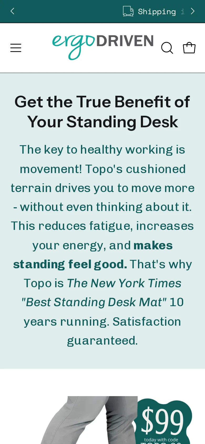 Ergodriven Topo Standing Desk Mat on Ergodriven's site, viewed on a phone