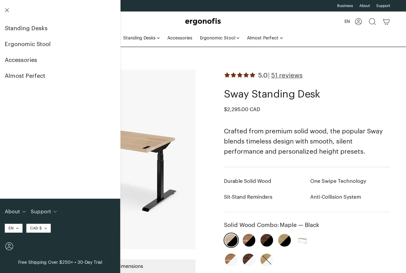 Ergonofis's own product page for the Ergonofis Sway Standing Desk