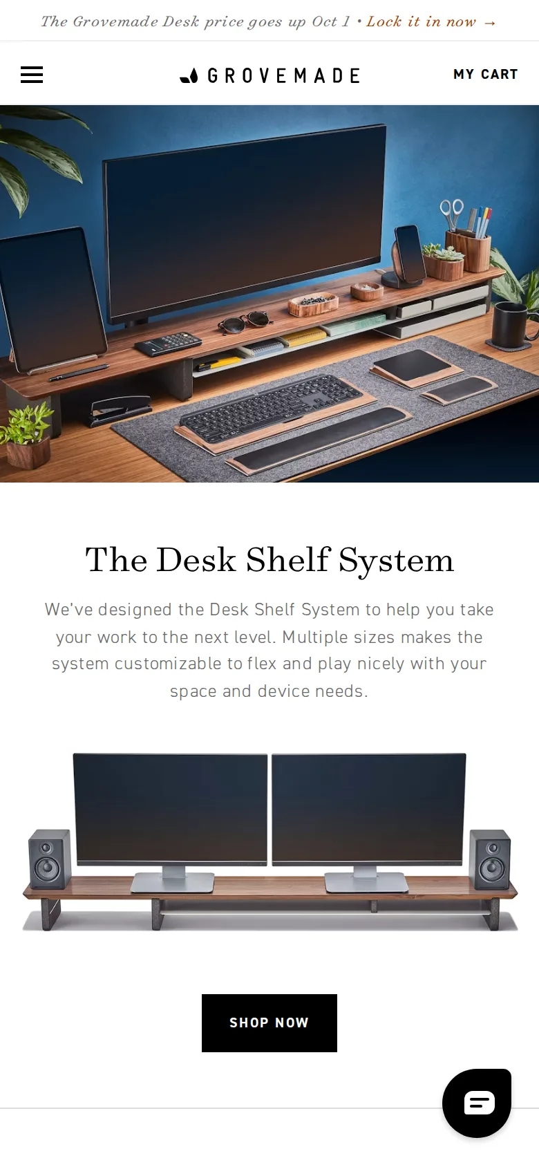 Grovemade Desk Shelf System on Grovemade's site, viewed on a phone