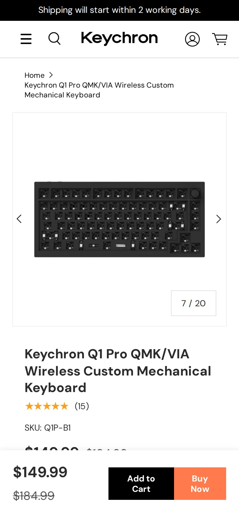 Keychron Q1 Pro on Keychron's site, viewed on a phone