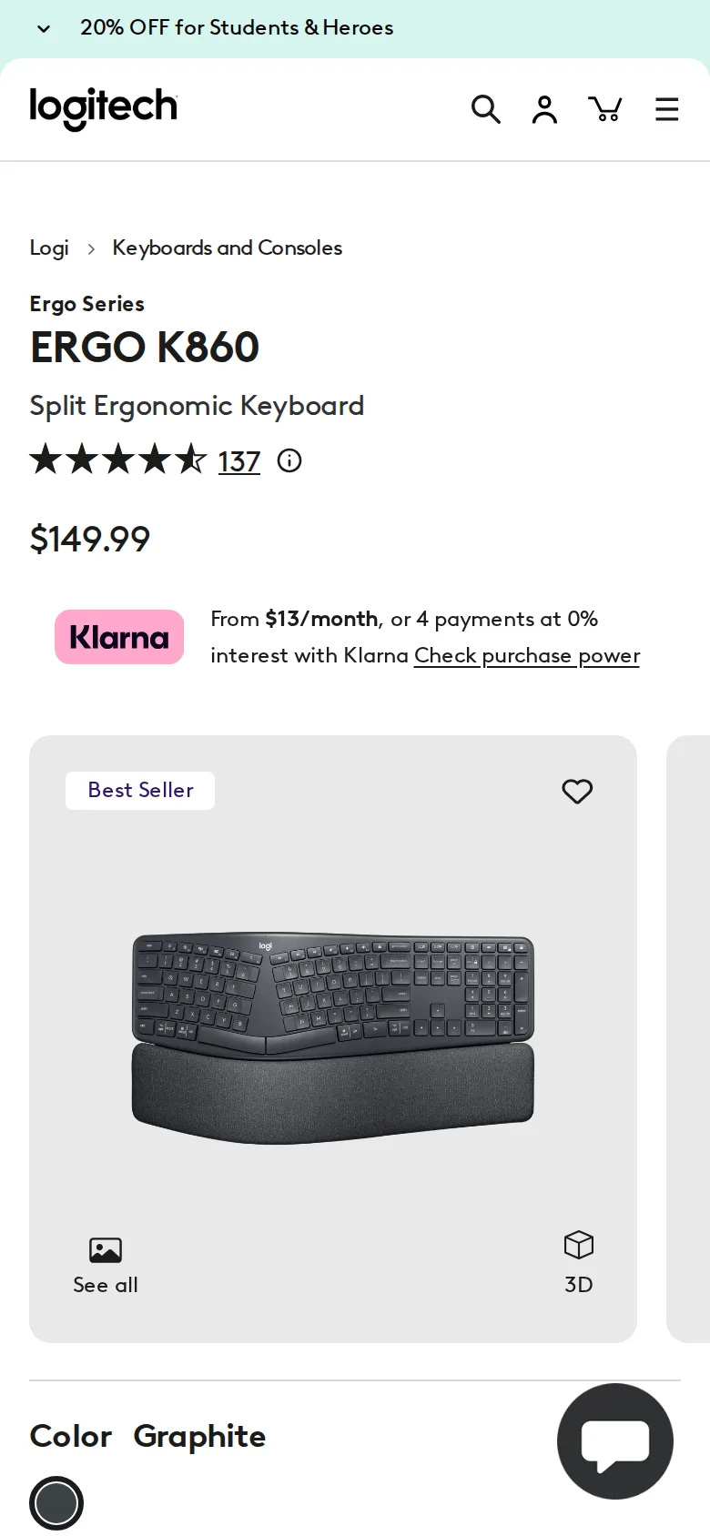 Logitech Ergo K860 on Logitech's site, viewed on a phone