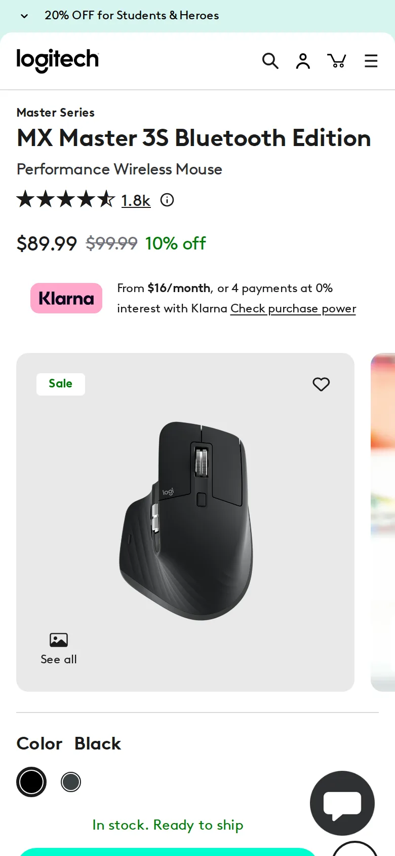 Logitech MX Master 3S on Logitech's site, viewed on a phone