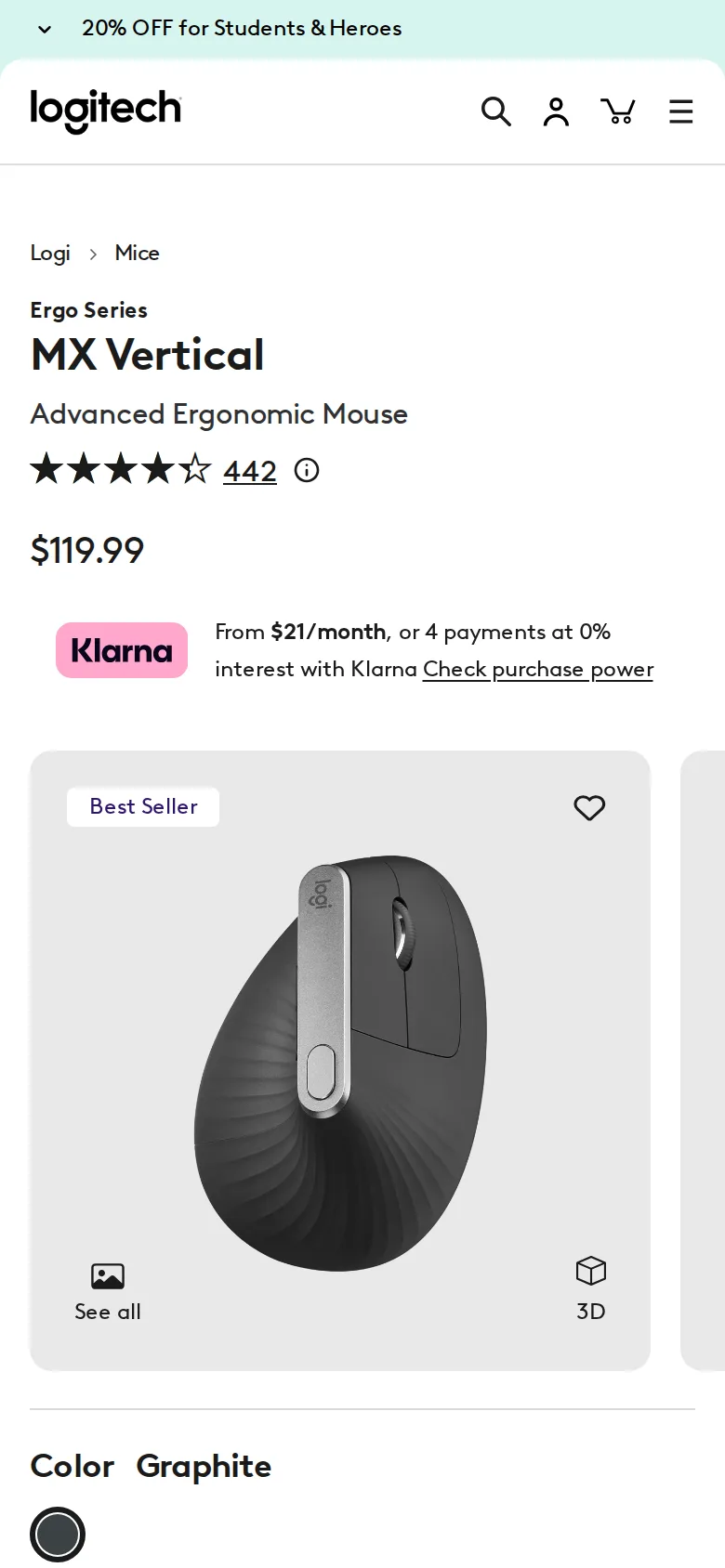 Logitech MX Vertical on Logitech's site, viewed on a phone