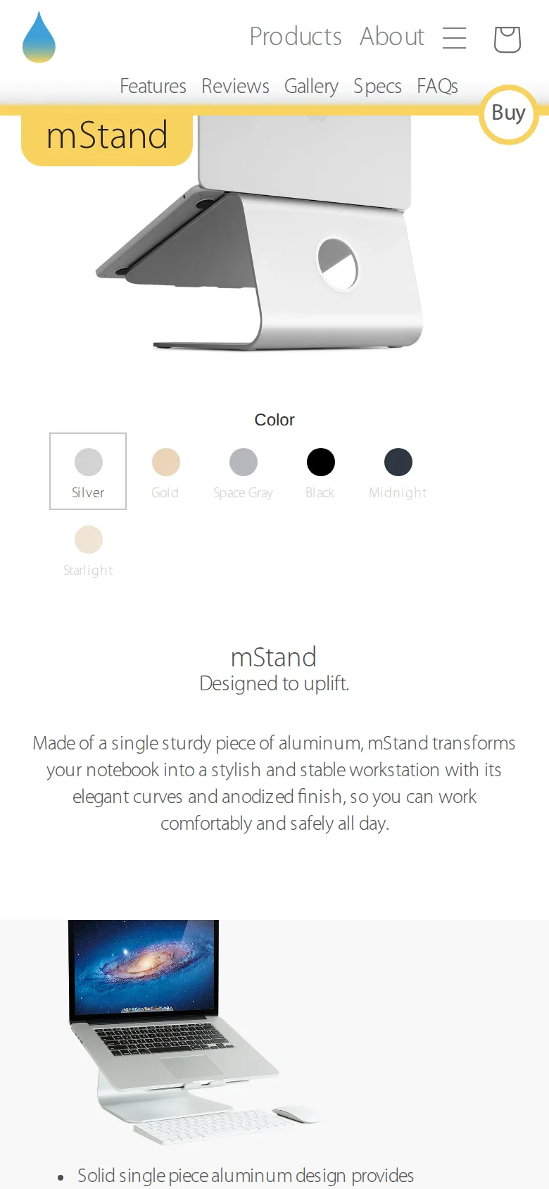 Rain Design mStand on Rain Design's site, viewed on a phone