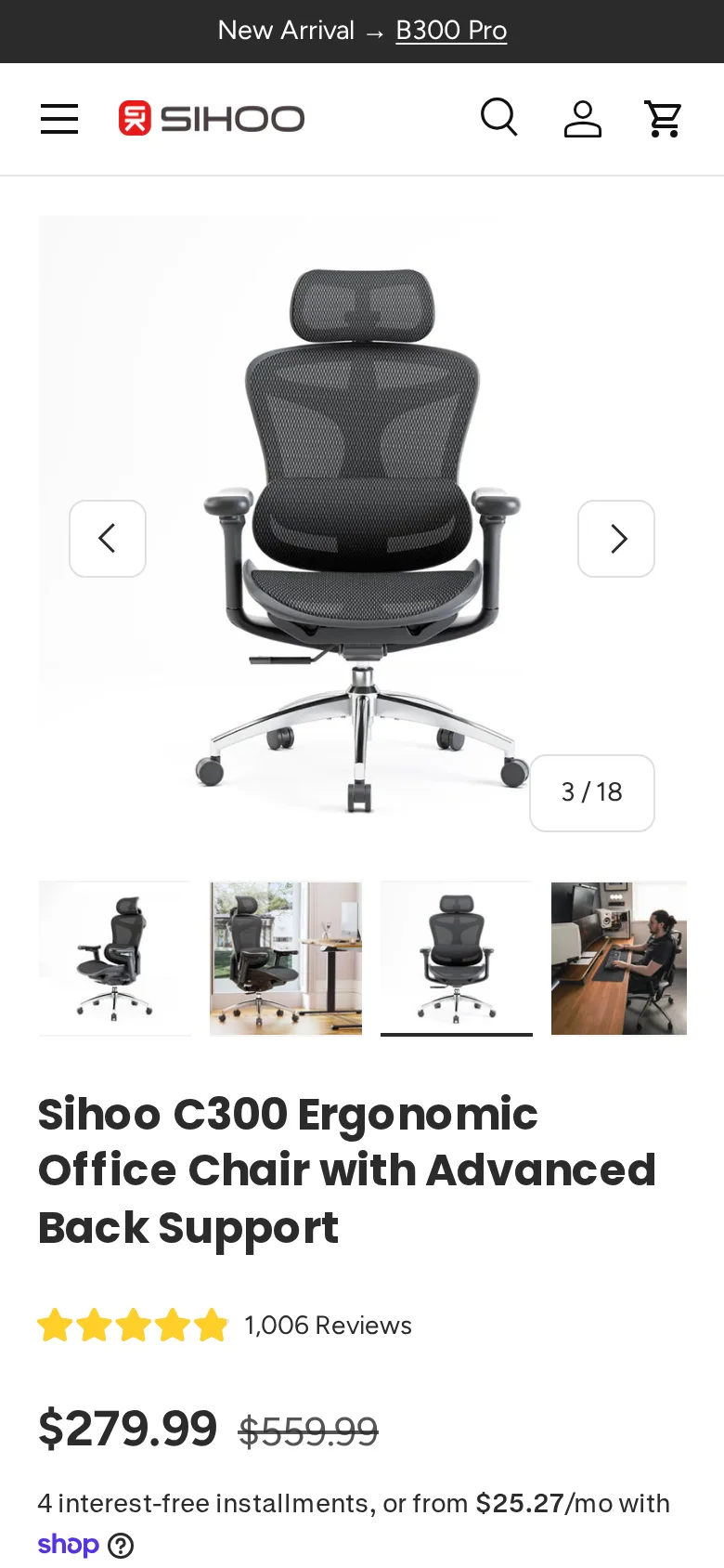 Sihoo Doro C300 on Sihoo's site, viewed on a phone
