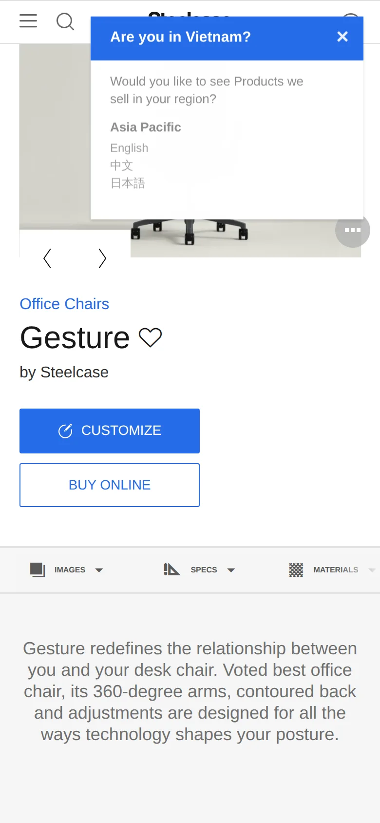 Steelcase Gesture on Steelcase's site, viewed on a phone