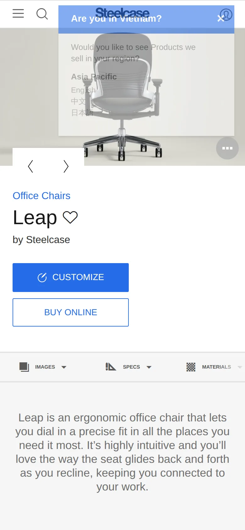 Steelcase Leap on Steelcase's site, viewed on a phone