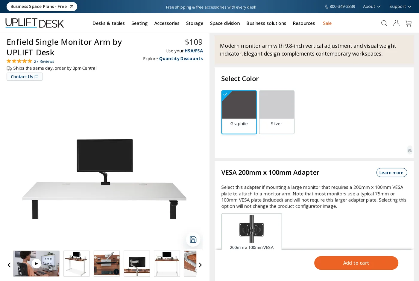 Uplift Desk's own product page for the Uplift Desk Enfield Single Monitor Arm